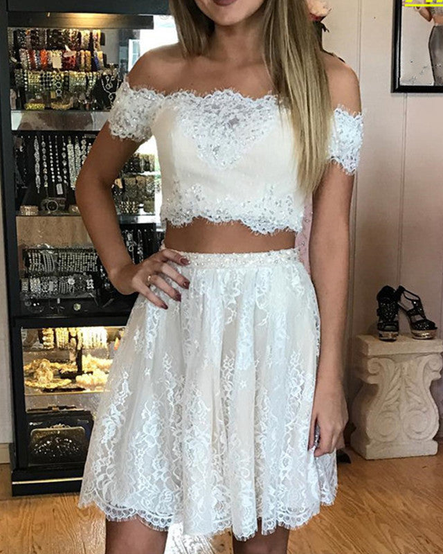 Elegant Off Shoulder Lace Homecoming Dresses Two Piece