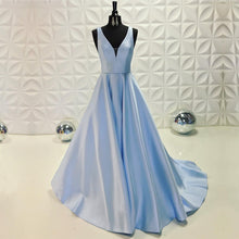 Load image into Gallery viewer, Light Blue Long Satin V-neck Dresses
