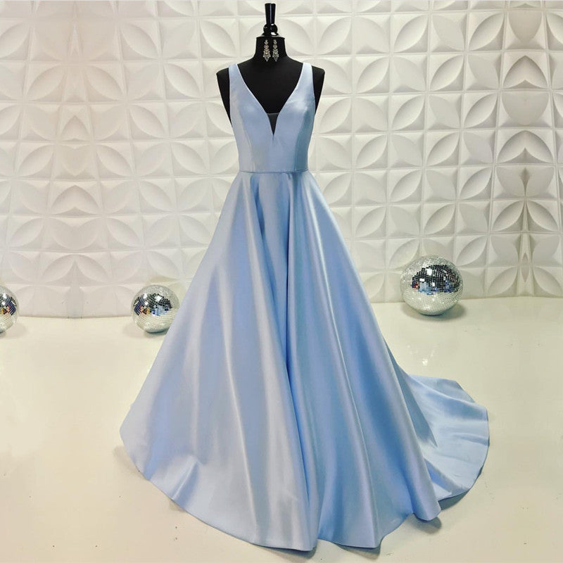 Light Blue Long Satin V-neck Dresses