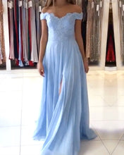 Load image into Gallery viewer, Split Chiffon Long Bridesmaid Dresses Appliques Off Shoulder
