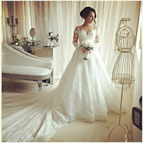 long sleeves lace ball gowns wedding dresses royal train-alinanova