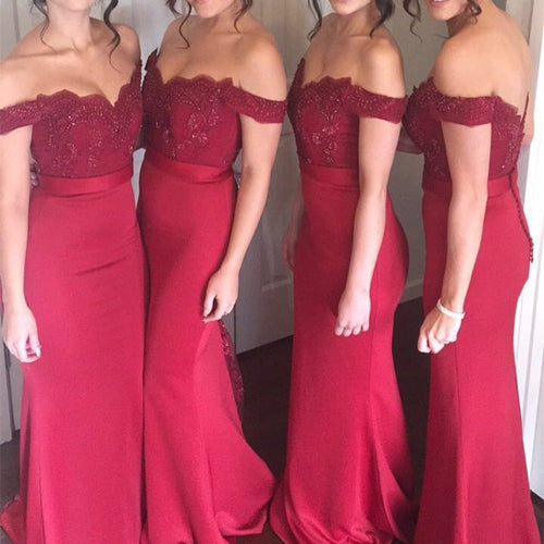 Lace Appliques Off The Shoulder Long Jersey Mermaid Bridesmaid Dresses-alinanova