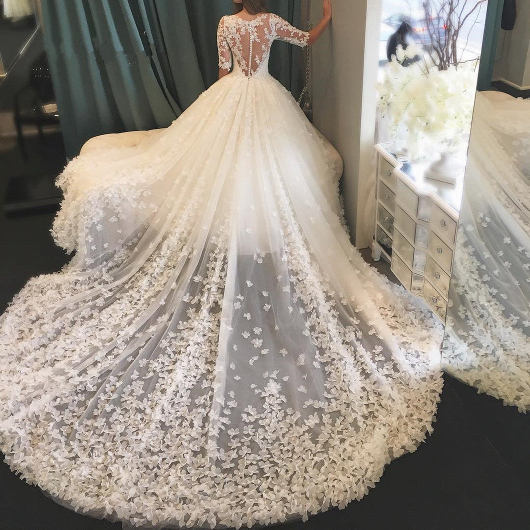modest half sleeves lace princess wedding dresses royal train-alinanova