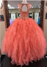 Load image into Gallery viewer, modest lace appliques organza ruffles coral quinceanera dresses ball gowns

