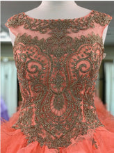 Load image into Gallery viewer, modest lace appliques organza ruffles coral quinceanera dresses ball gowns
