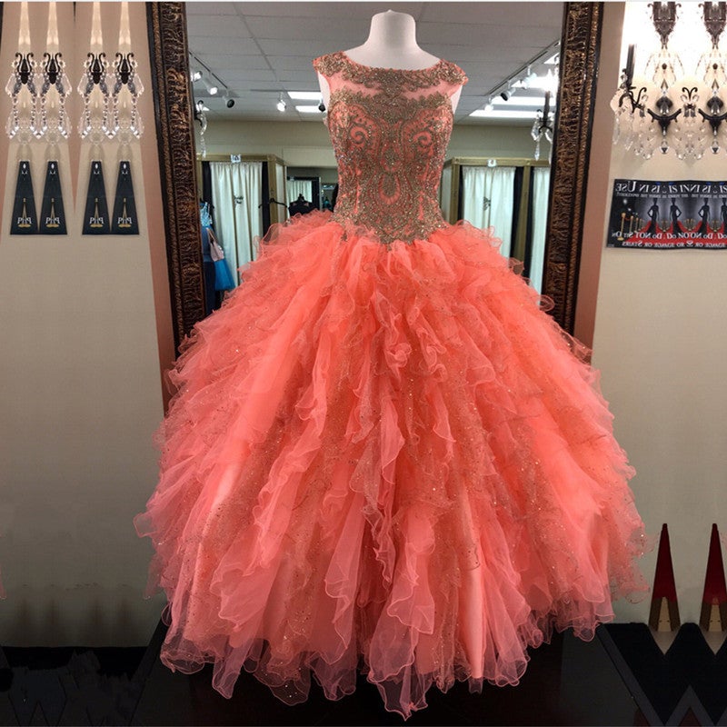 modest lace appliques organza ruffles coral quinceanera dresses ball gowns-alinanova