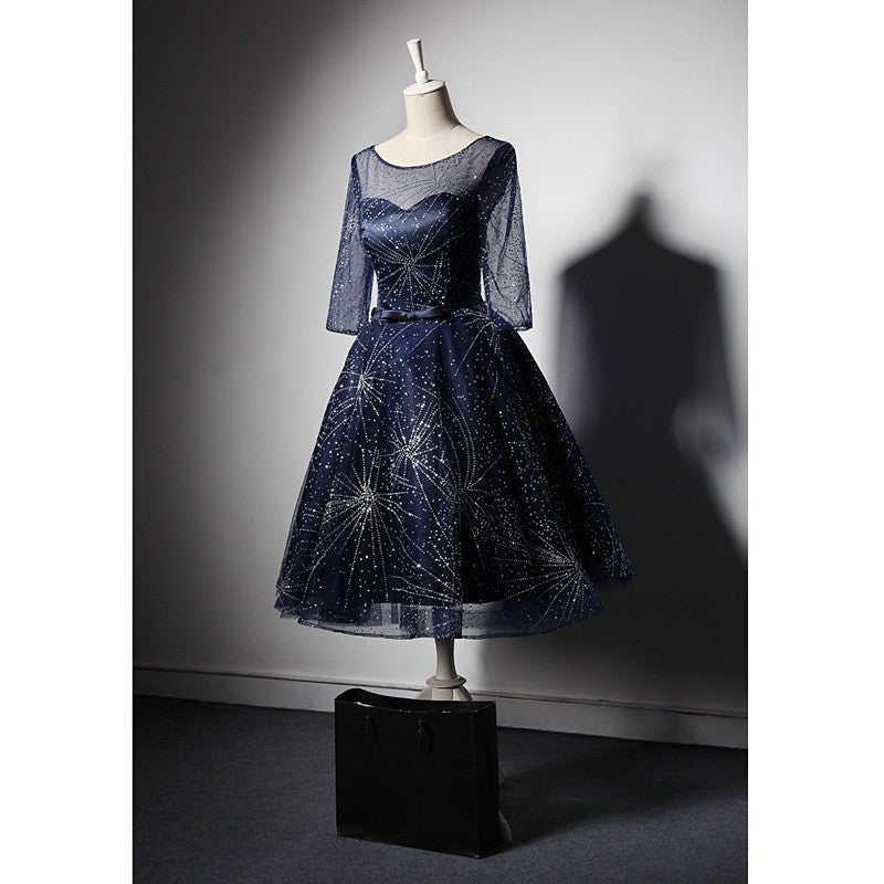 navy blue short tulle party dresses with star sequins-alinanova