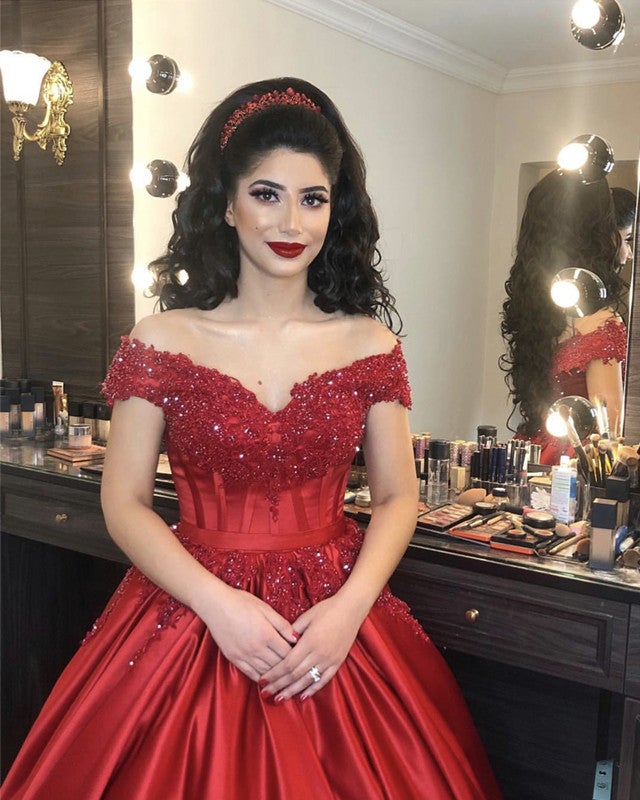 off the shoulder lace appliques burgundy satin wedding dresses ball gowns-alinanova