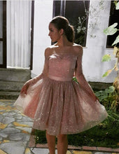 Load image into Gallery viewer, off the shoulder sequin homecoming dresses long sleeves cocktail dress
