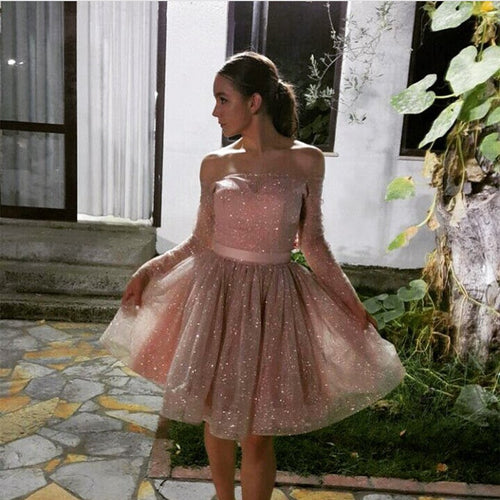 off the shoulder sequin homecoming dresses long sleeves cocktail dress-alinanova