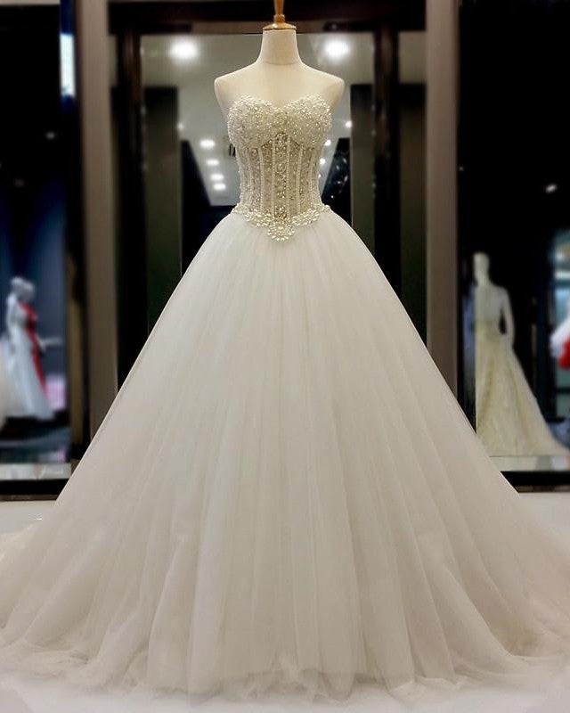 pearl beaded sweetheart see through princess wedding dresses-alinanova