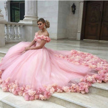 Load image into Gallery viewer, pink tulle flower ball gowns wedding dress off the shoulder-alinanova
