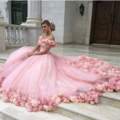 pink tulle flower ball gowns wedding dress off the shoulder-alinanova