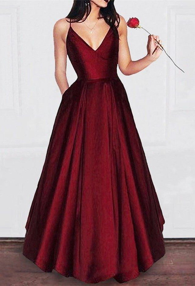 plain burgundy prom dress Simple A Line V-Neck Burgundy Split Prom Dresses