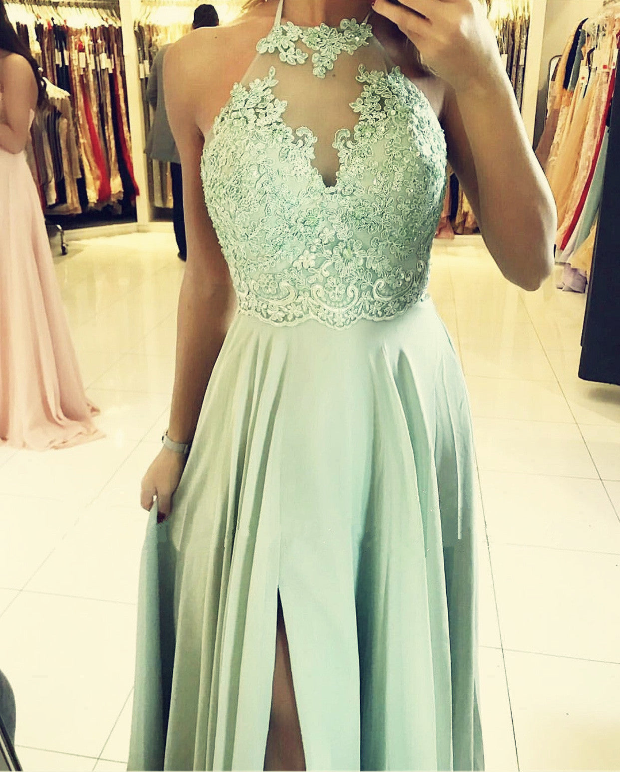 Charming Lace Halter Long Chiffon Split Bridesmaid Dresses