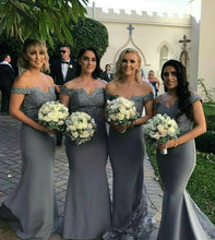 Load image into Gallery viewer, Silver Lace V-neck Off The Shoulder Mermaid Bridesmaid Dresses
