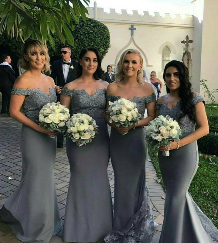 Silver Lace V-neck Off The Shoulder Mermaid Bridesmaid Dresses alinanova Silver Lace V-neck Off The Shoulder Mermaid Bridesmaid Dresses alinanova
