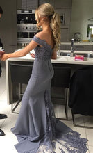 Load image into Gallery viewer, Silver Lace V-neck Off The Shoulder Mermaid Bridesmaid Dresses

