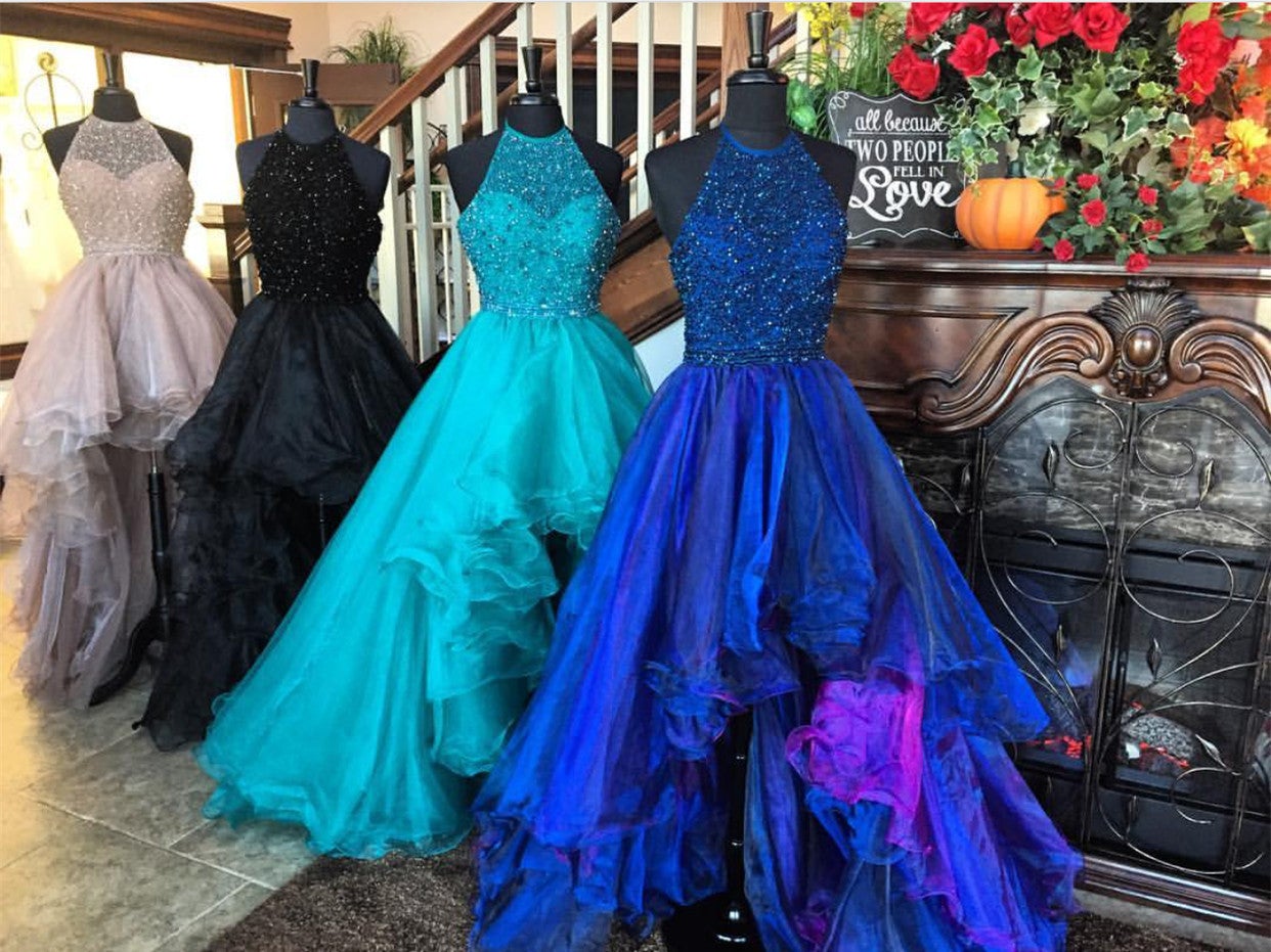 sparkly beading halter organza ruffles front short long back prom dresses sparkly beading halter organza ruffles front short long back prom dresses