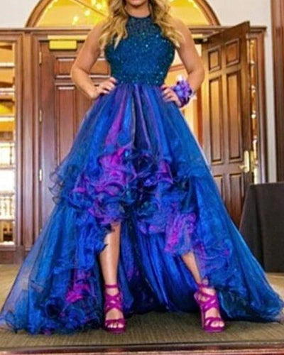 sparkly beading halter organza ruffles front short long back prom dresses-alinanova