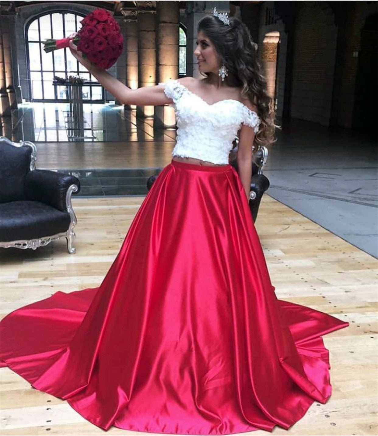 White Lace Crop Two Piece Prom Dresses Satin Ball Gown alinanova White Lace Crop Two Piece Prom Dresses Satin Ball Gown alinanova