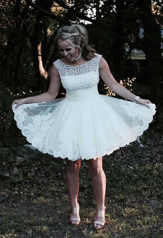 Cute A Line Cap Sleeves White Lace Homecoming Dresses Pearl Beaded Cute A Line Cap Sleeves White Lace Homecoming Dresses Pearl Beaded