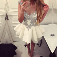 Load image into Gallery viewer, Short Gray Lace Appliques Scoop Neckline Ruffle Satin Homecoming Dresses-alinanova
